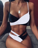 Black and white contrast, crossover two piece swimwear.