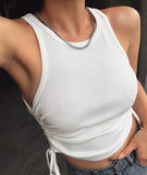 White, blue, grey, and blue sleeveless round neck side string crop top.