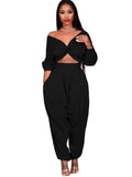 Autumn Solid Plain Wrapped Crop Top and Loose Pants Set