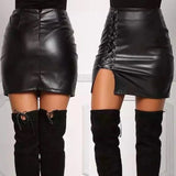 Black Leather Lace Up Mini Skirt